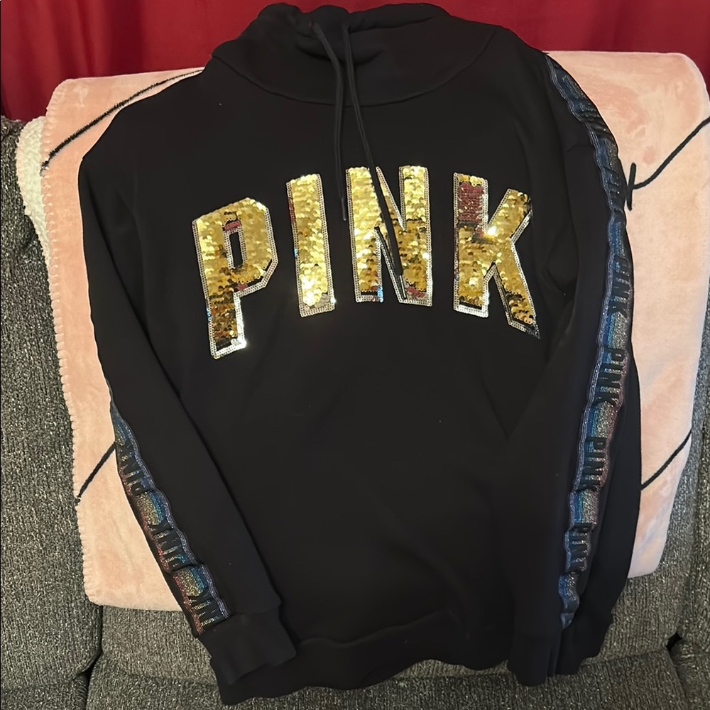 Black with Sequin PINK Logo this is a mock neck not a hoodie